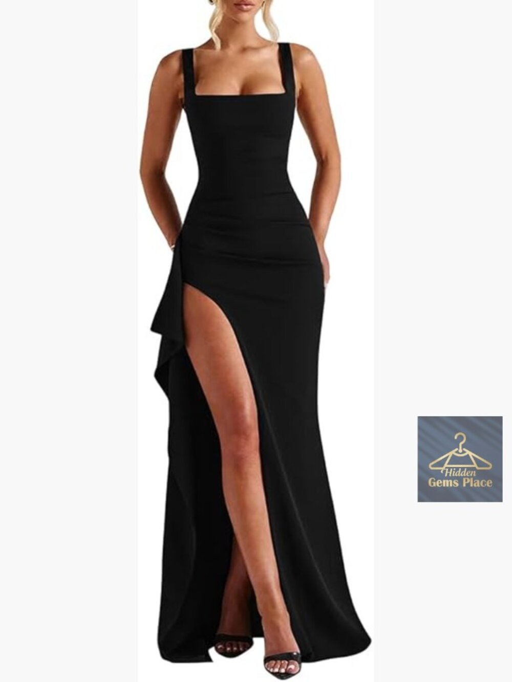 Women's Formal Evening Dress Square Neck Sleeveless Bodycon High Slit Ruched